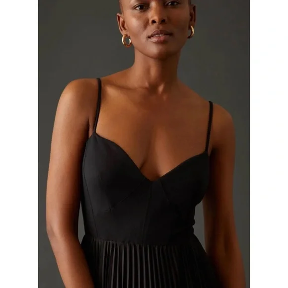 ANTHROPOLOGIE | $180 Sweetheart Bodice Pleated Midi Dress in Black, Size Small - Picture 5 of 12